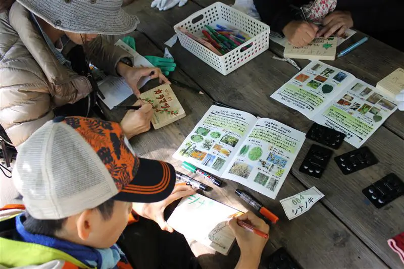 An environmental event making tree name plates 
in a company-owned forest